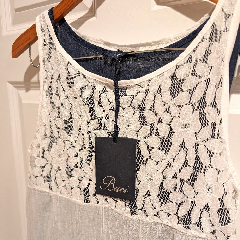 NWT Women's Baci Italy Linen Lace Dress White Navy Size Small